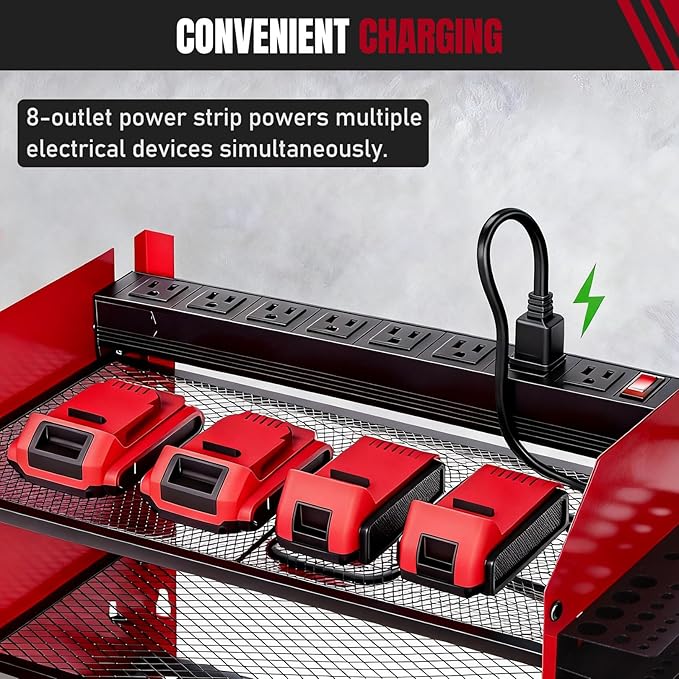 Modular Power Tool Organizer Wall Mount with Charging Station, 3-Layer Heavy Duty Drill Holder Rack & 8-Outlet Power Strip for Garage Workshop Storage