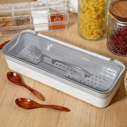 2 PCS Flatware Tray with Lid and Drainer Large capacity Kitchen Drawer Organizer Silverware Tray Dinnerware Holder Utensil Holder Utensil Storage Container for Countertop Cutlery