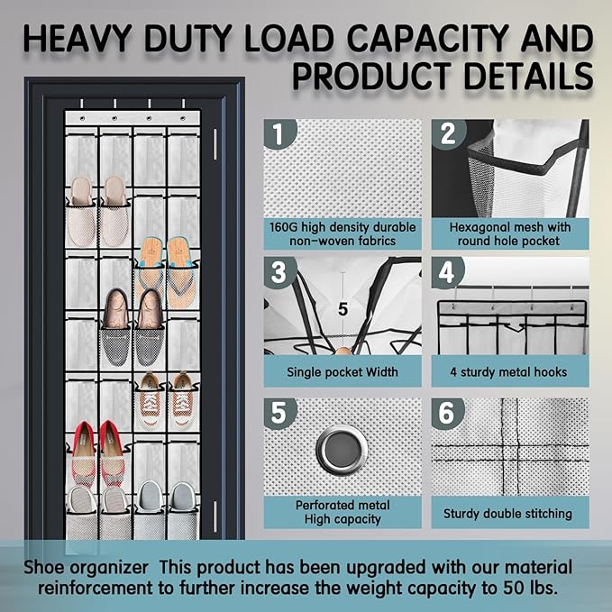 Kotkn 28 Compartment Over the Door Shoe Organizer, Breathable Mesh Large Shoe Rack for Closet Storage, Space Saving Hanging Shoe Holder with Reinforced Hooks (Fits Men & Women,White-01)