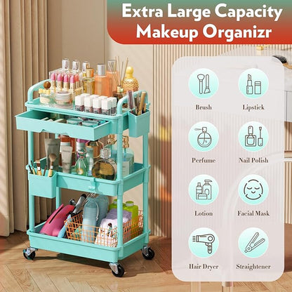 SUNALLY Makeup Cart Organizer with Drawers, Floor Skincare Organizers Vanity Storage Organizer, Rolling Makeup Bathroom Storage Cart Cosmetics Display Cases for Skin Care Perfume Nail Polish, Blue