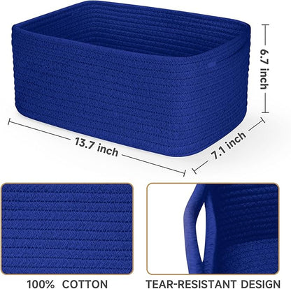3-Pack Storage Baskets for Organizing | Woven Shelf Toy Basket | Rope Baskets for Gifts Empty | Closet Organizer Bins with Handles | Cube Decorative Box | 13.7×7.1×6.7” | Klein Blue