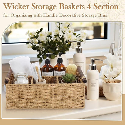 Remerry Bathroom Countertop Organizer Caddy, Wicker-Like Divided Basket with Handle and Metal Frame, 4 Compartment, Paper Rope Storage Organizer for Vanity Kitchen(Beige,15.35 x 10.24 x 6.3 in)