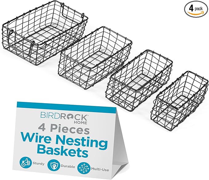 BIRDROCK HOME Wire Storage Basket Set - Iron Baskets for Organizing, Kitchen Pantry Shelves, Rectangle Bins for Bathroom, Closet, Utility, Office, Farmhouse Countertop Organization - Black - 4pc