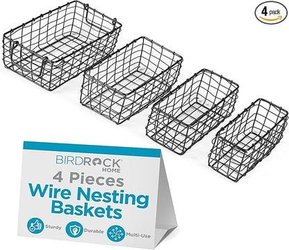 BIRDROCK HOME Wire Storage Basket Set - Iron Baskets for Organizing, Kitchen Pantry Shelves, Rectangle Bins for Bathroom, Closet, Utility, Office, Farmhouse Countertop Organization - Black - 4pc