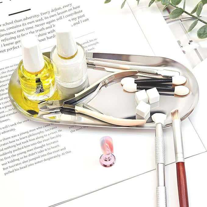 Nail Tools Silver Tray for Decor Manicure Accessory Storage Display Vanity Tray Jewelry Rhinestone Dish Cosmetics Organizer Oval Nail Art Decorative Small Storage Plate