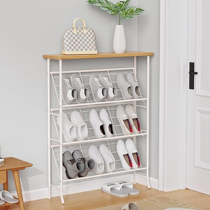 JZM Shoe Rack Storage, Narrow 4 Tier Metal Shoe Storage Shelf, Free Standing Shoe Racks, Space Saving Shoe Rack Organizer for Entryway, Hallway, Bedroom, Living Room(12-16 Pair)