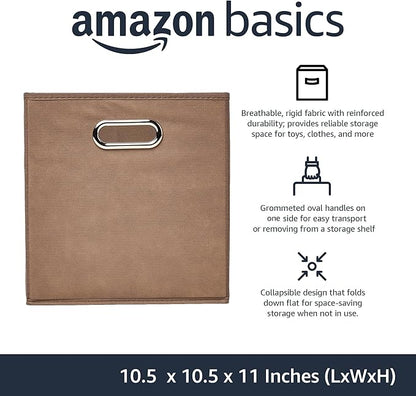 Amazon Basics Collapsible Fabric Storage Bins with Handle, Sturdy Space-Saving Cube Organizer, 10.5" x 10.5" x 11", Taupe, 6-Pack