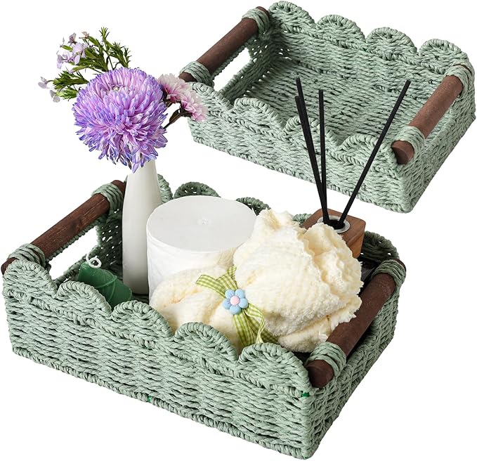 Set of 2 Toilet Paper Storage, Handwoven Small Scalloped Basket with Built-in Handles, Wicker Basket for Home, Living Room(Green)