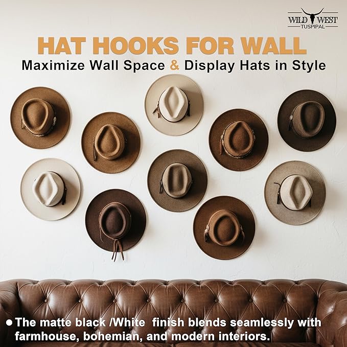 Adhesive Hat Hooks for Wall, 8 Pack, 2.9" Cowboy Hat Rack Prevents Deformation, Hat Hangers with Key Hook for Baseball Caps & Fedora, Drill or Stick, Western Decor Organizer, Black