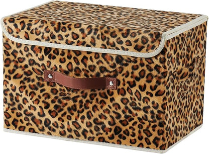 Storage Bin with Lid Leopard Print Cute Velvet Fabric Storage Basket Box Faux Leather Handles PP Plastic Board Foldable Washable Lidded Closet Shelf Organizer Container (Large Size)