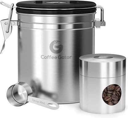 Coffee Gator Coffee Canister – 6” Stainless Steel Airtight Coffee Containers for Ground Coffee w/ Date Tracker, Co2-Release Valve, Measuring Scoop & Travel Jar - Medium, Silver