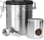 Coffee Gator Coffee Canister – 6” Stainless Steel Airtight Coffee Containers for Ground Coffee w/ Date Tracker, Co2-Release Valve, Measuring Scoop & Travel Jar - Medium, Silver