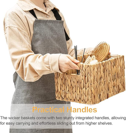 Water Hyacinth Rectangular Wicker Baskets, 12" Wicker Basket 2 Pack, Woven Storage Baskets with Handles