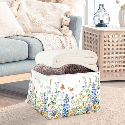 senya Flower Baskets Collapsible Storage Bins with Lids, Watercolor Wildflowers Spring Storage Boxes Clothes Baskets for Organizing, B06D22020