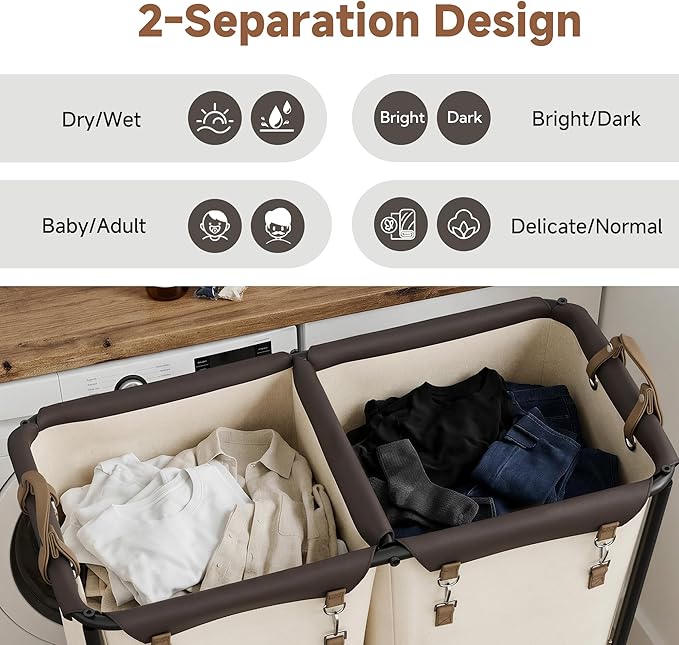StorageWorks 330L Extra Large Laundry Hamper with Wheels, Laundry Basket with Wheels 2 Sections, Clothes Sorter Cart with Divider for Hotel, Home, Beige, 1-Pack