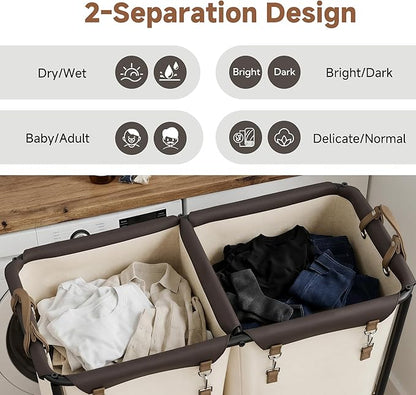 StorageWorks 330L Extra Large Laundry Hamper with Wheels, Laundry Basket with Wheels 2 Sections, Clothes Sorter Cart with Divider for Hotel, Home, Beige, 1-Pack