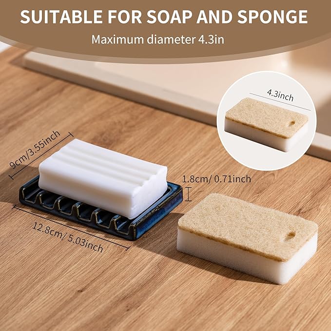 Tanew Self Draining Premium Ceramic Soap Dish, Bar Waterfall Soap Dish, Shower Soap Holder Sponge Holder Soap Tray Savers for Bathroom, Shower, Kitchen, Sink and Countertop