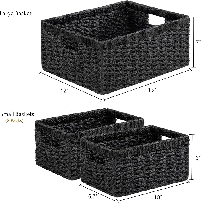 Vagusicc Wicker Storage Basket, Set of 3 Wicker Basket, Hand-Woven Paper Rope Storage Baskets for Organizing, Large Cube Storage Organizer Bins Baskets for Shelves Small Toilet Paper Baskets, Black