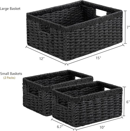 Vagusicc Wicker Storage Basket, Set of 3 Wicker Basket, Hand-Woven Paper Rope Storage Baskets for Organizing, Large Cube Storage Organizer Bins Baskets for Shelves Small Toilet Paper Baskets, Black