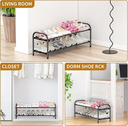 Hleelomi 2-Tier Expandable Shoe Rack for Entryway，Adjustable Metal Shoe Organizer for Closet,Living Room,Dorm,Black