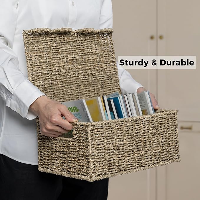 StorageWorks Wicker Storage Basket with Scalloped Edge Lid, Wicker Basket with Built-in Handles, Handwoven Seagrass Box for Décor, 13" L x 9 ½" W x 6" H