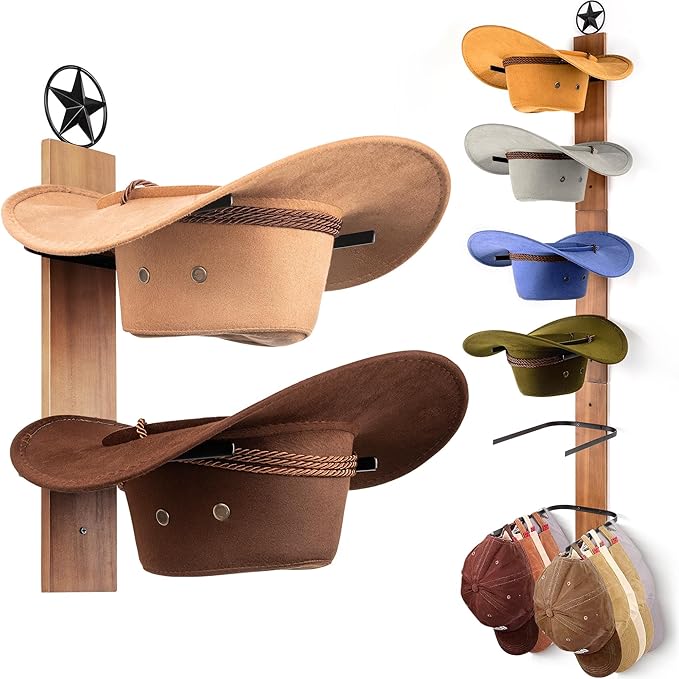 Cowboy Hat Holder Rack Organizer: 6 Hats Cowboy Hat Holder for Wall Mount, Detachable Wooden Western Metal Rustic Hat Hanger Storage, Hat Rack for Cowgirl Hat, Fedora, Sun Hats