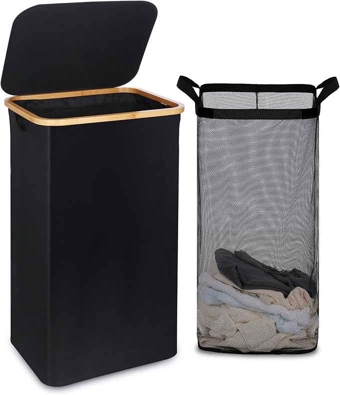 efluky 100L Laundry Basket with Lid and Net Bag, Tall Laundry Hamper with Bamboo Handles, Aesthetic Dirty Clothes Bin for Laundry Room, Bathroom, Bedroom and Dorm, Black
