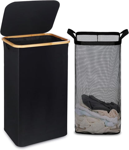 efluky 100L Laundry Basket with Lid and Net Bag, Tall Laundry Hamper with Bamboo Handles, Aesthetic Dirty Clothes Bin for Laundry Room, Bathroom, Bedroom and Dorm, Black