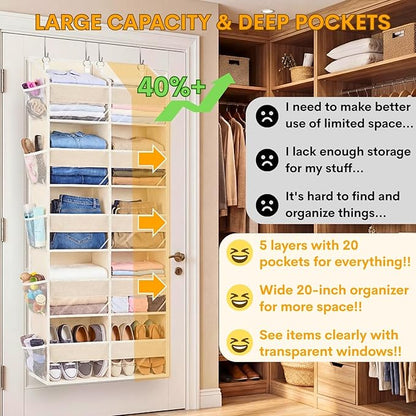 2 Pack Over the Door Organizer 5 Tiers, Extra Large Behind Door Storage of 10 Compartments, 80 lbs Weight Capacity Over Door Organizer, Door Hanging Organizer for Closet, Diaper Organizer, Beige