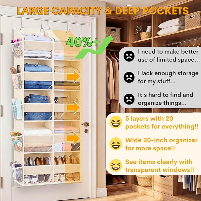 Ofiray-home Over the Door Organizer 5 Tiers,Extra Large Behind Door Storage of 10 Compartments,80 lbs Weight Capacity Over the Door Storage, Door Hanging Organizer for Closet, Diaper Organizer, Beige