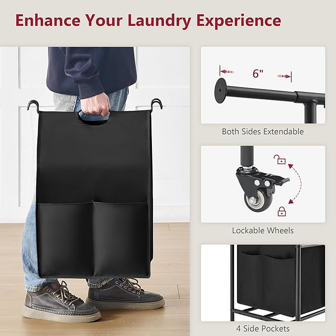Tajsoon Laundry Sorter with Hanging Bar, 2 Section Laundry Hamper with Lockable Wheels and Removable Bag, Black & Gray