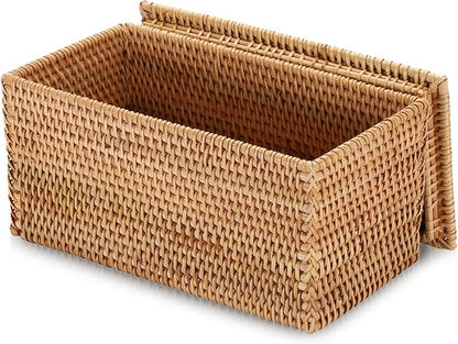 Hipiwe Rattan Basket Box with Lid Handwoven Wicker Storage Basket Bins Lidded Decorative Baskets Rectangular Household Baskets for Shelf Organizing Home Decor, 11.8"Lx6.2"Wx6.1"H