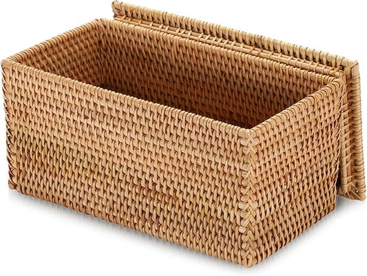 Hipiwe Rattan Basket Box with Lid Handwoven Wicker Storage Basket Bins Lidded Decorative Baskets Rectangular Household Baskets for Shelf Organizing Home Decor, 11.8"Lx6.2"Wx6.1"H