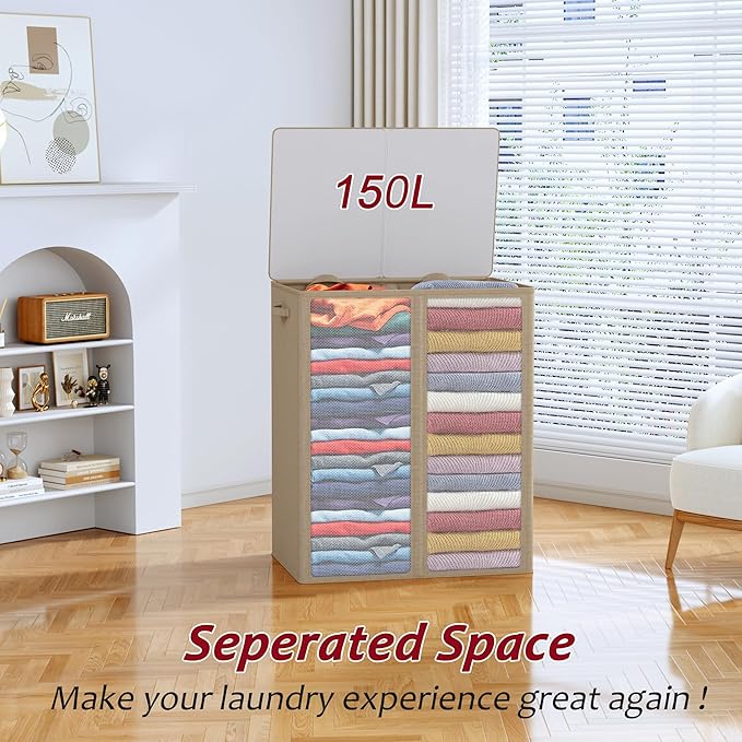 150L Laundry Hamper 2 Section, Large Laundry Hamper with Lid, Dirty Clothes Hamper with 2 Removable Inner Bags, Collapsible Laundry Basket Organizer for for Clothes Toys Towels, Hamper 2 Compartment