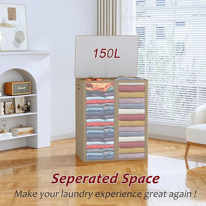 150L Laundry Hamper 2 Section, Large Laundry Hamper with Lid, Dirty Clothes Hamper with 2 Removable Inner Bags, Collapsible Laundry Basket Organizer for for Clothes Toys Towels, Hamper 2 Compartment