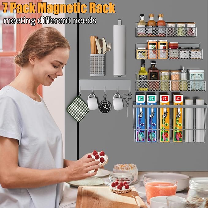 DTUQYX Magnetic Spice Rack for Refrigerator, 7 Pack Metal Magnetic Shelf, Moveable Magnetic Storage Fridge Organizer Grey, Spice Organizer, Hook Rack, Paper Towel Holder, Cutting Board Holder, HM5471