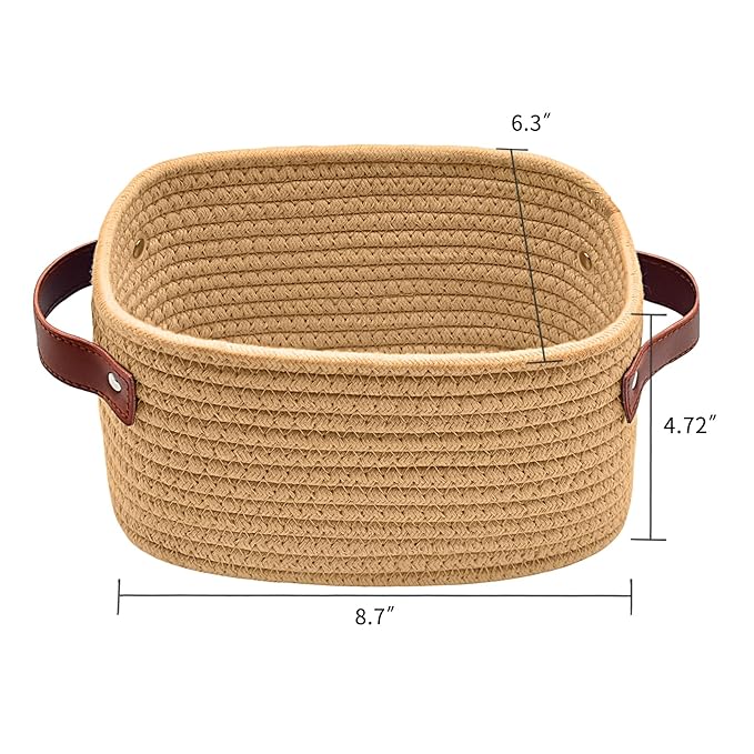 ABenkle Small Storage Basket, Mini Baskets with Handle, Cute Cotton Woven Baskets for Shelves, Boho Decorative Toy Storage Bin for Nursery, Spa, Empty Gift Basket - XS, Brown