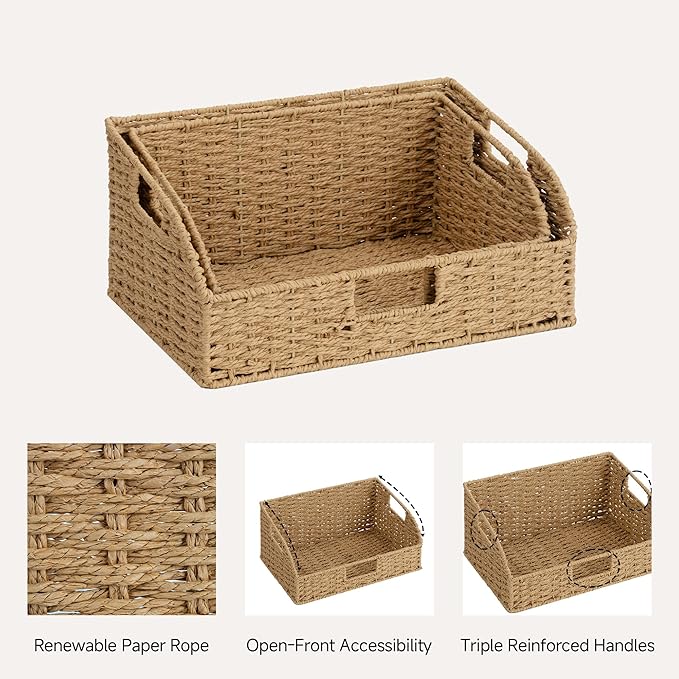 StorageWorks Pantry Baskets for Organizing, Paper Rope Storage Baskets for Shelves with Built-in Handles, Pantry Organizers and Storage, Natural, Set of 2 (Large and Medium)