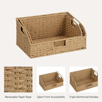 StorageWorks Pantry Baskets for Organizing, Paper Rope Storage Baskets for Shelves with Built-in Handles, Pantry Organizers and Storage, Natural, Set of 2 (Large and Medium)
