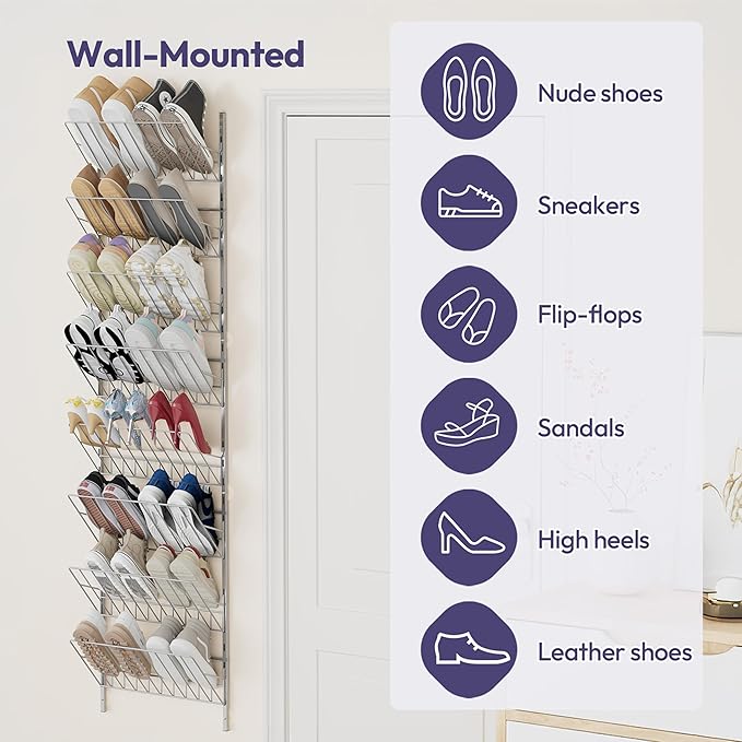 SWTYMIKI Over the Door Shoe Organizer - Adjustable 8 Tier Hanging Shoe Rack Organizer, Metal Heavy Duty Behind Door Storage or Wall Mount Shoes Shelf for Flats, Heels, Sneakers, Boots, Silver