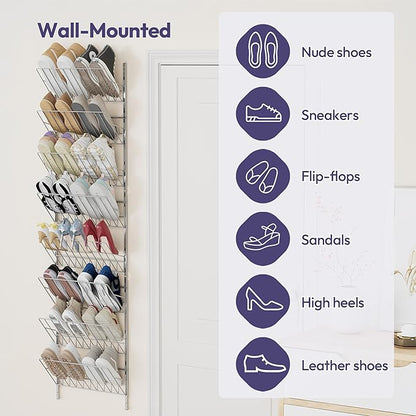 SWTYMIKI Over the Door Shoe Organizer - Adjustable 8 Tier Hanging Shoe Rack Organizer, Metal Heavy Duty Behind Door Storage or Wall Mount Shoes Shelf for Flats, Heels, Sneakers, Boots, Silver