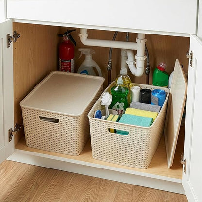 BINO | Plastic Storage Baskets with Lids, 33 Liter - 3 Pack, Natural | THE WOVEN COLLECTION | Storage Basket for Shelves | Woven Storage Baskets for Organizing Bins | Pantry Shelf Organizer Bin