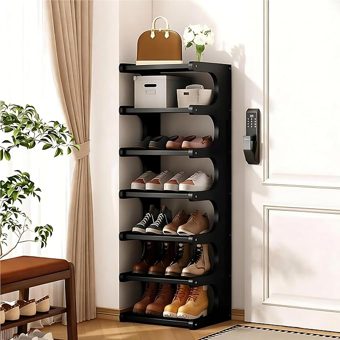 Vertical Shoe Rack 7 Tier, Bamboo Narrow Shoe Rack for Small Spaces, Freestanding Shoe Storage Organizer for Entryway Closet, Space Saving Skinny Shoe Shelf