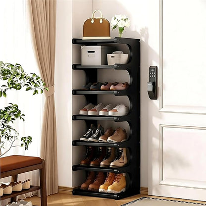 Vertical Shoe Rack 7 Tier, Bamboo Narrow Shoe Rack for Small Spaces, Freestanding Shoe Storage Organizer for Entryway Closet, Space Saving Skinny Shoe Shelf