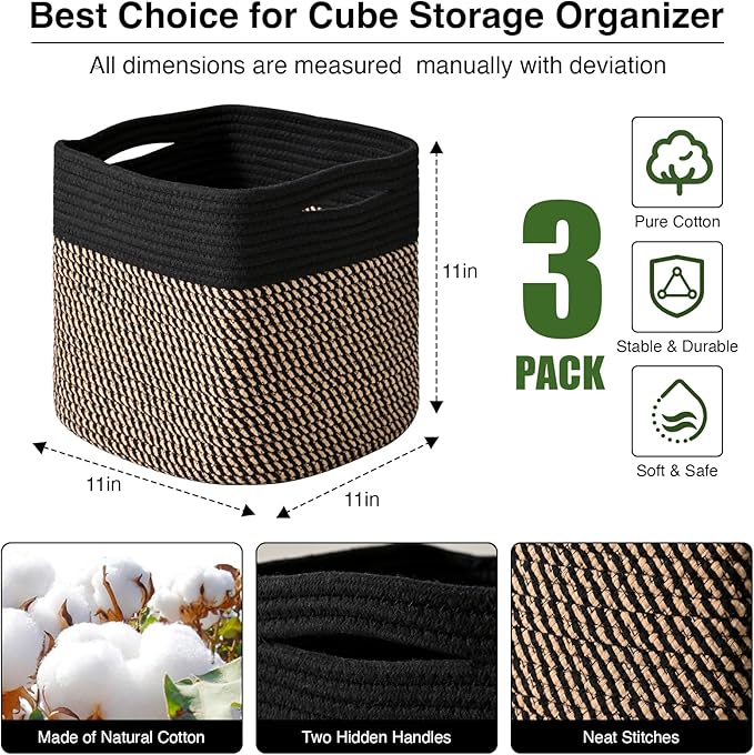 ICERZCZ 11 Inch Cube Storage Bins, Storage Cube Organizer Bins, Woven Cotton Rope Baskets for Storage, Storage Basket for Organizing Shelves, Square Baskets for Toys Nursery, Black & Jute (Pack of 3)