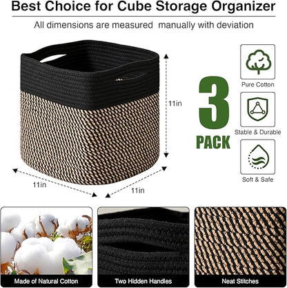 ICERZCZ 11 Inch Cube Storage Bins, Storage Cube Organizer Bins, Woven Cotton Rope Baskets for Storage, Storage Basket for Organizing Shelves, Square Baskets for Toys Nursery, Black & Jute (Pack of 3)