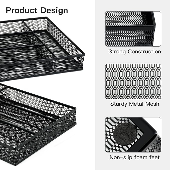 Neudeco Drawer Organizer Set 5 Pack - 4-Compartment Silverware Organizer Tray + 4 Utensil Trays, Kitchen Drawer Organizer for Flatware, Cutlery, Office Supplies, Black Mesh, Non-Slip.