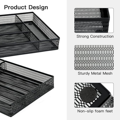 Neudeco Drawer Organizer Set 5 Pack - 4-Compartment Silverware Organizer Tray + 4 Utensil Trays, Kitchen Drawer Organizer for Flatware, Cutlery, Office Supplies, Black Mesh, Non-Slip.