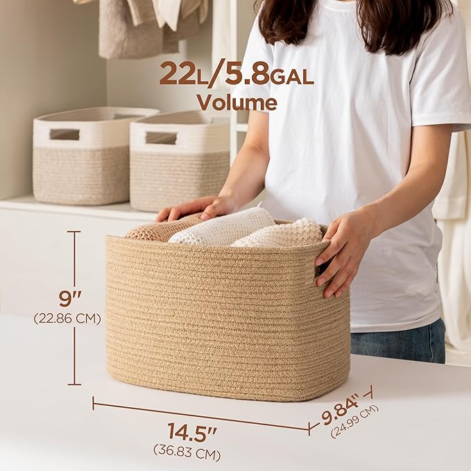 UBBCARE 4 Pack Storage Baskets for Organizing, Shelf Baskets with Handles, Woven Storage Baskets for Bookcase/Cube Shelf/Closet, 14.5"L x 9.8"W x 9"H, Jute