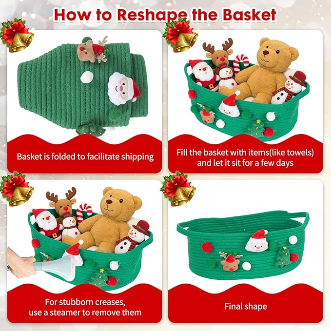 ShellKingdom Storage Basket with Handles, Empty Gift Basket with Gift Bags and Ribbon for Christmas, Small Woven Baskets for Home, Nursery Storage Organizer, 12 X 8 X 5 INCH, Christmas Green